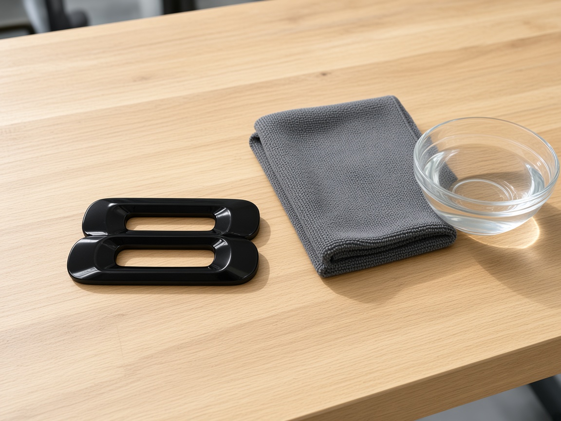 Gloss black badge character beside a damp microfibre cloth and a bowl of water