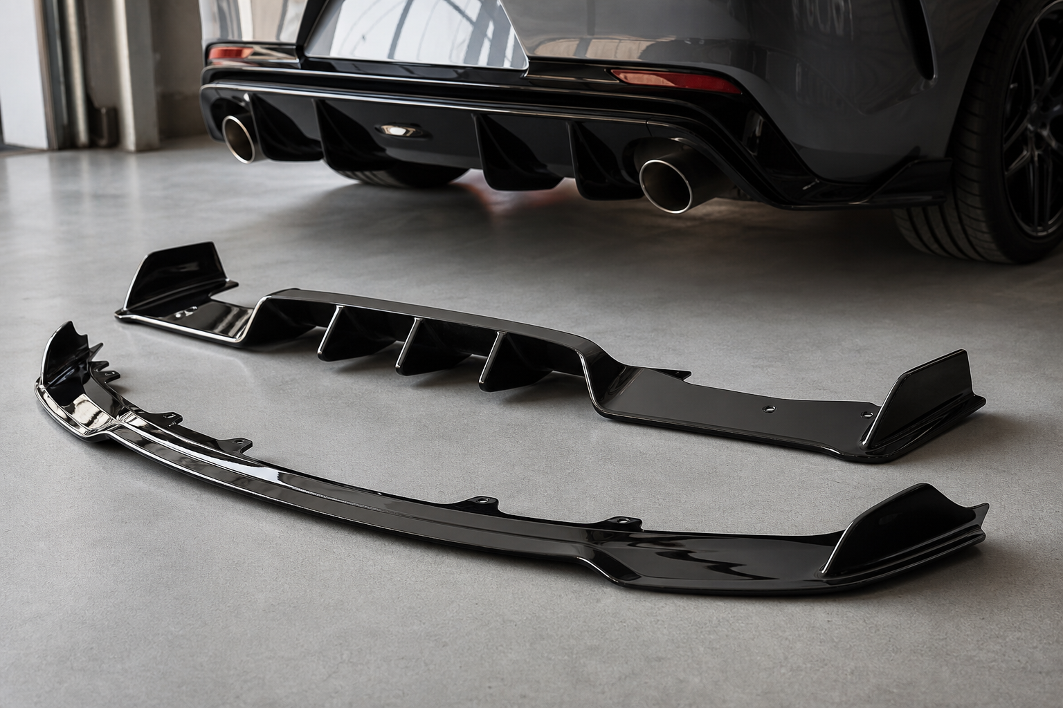 Gloss black splitter and rear diffuser body trim parts