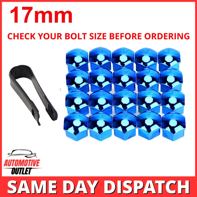 Blue 17mm wheel nut covers with a removal clip