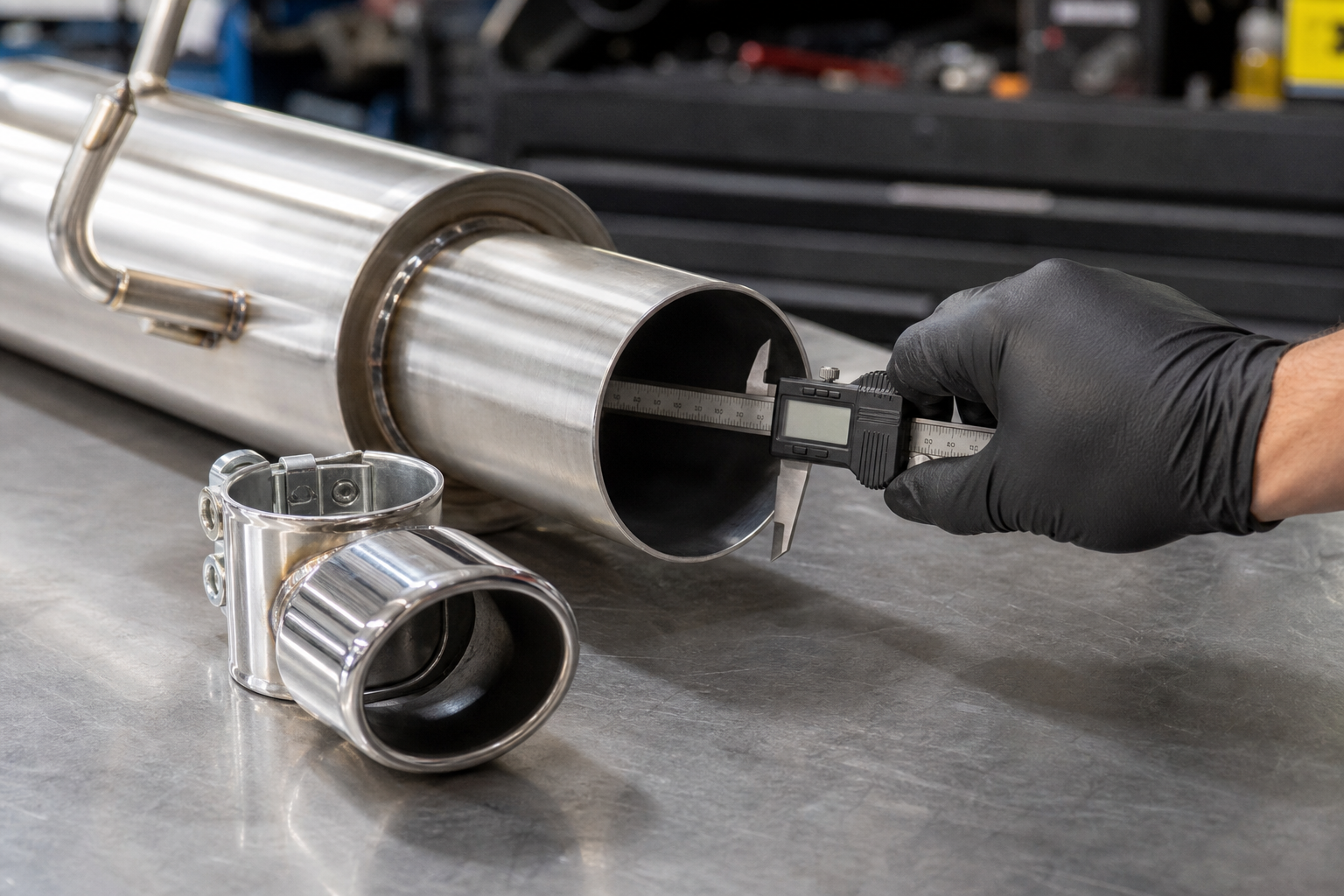 Digital calipers measuring tailpipe outside diameter