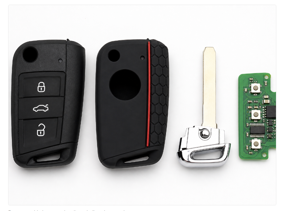 Disassembled key fob showing front shell, back shell, blade, and circuit board