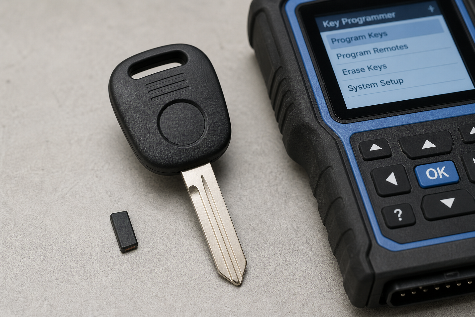Transponder key blank, chip, and key programming tool